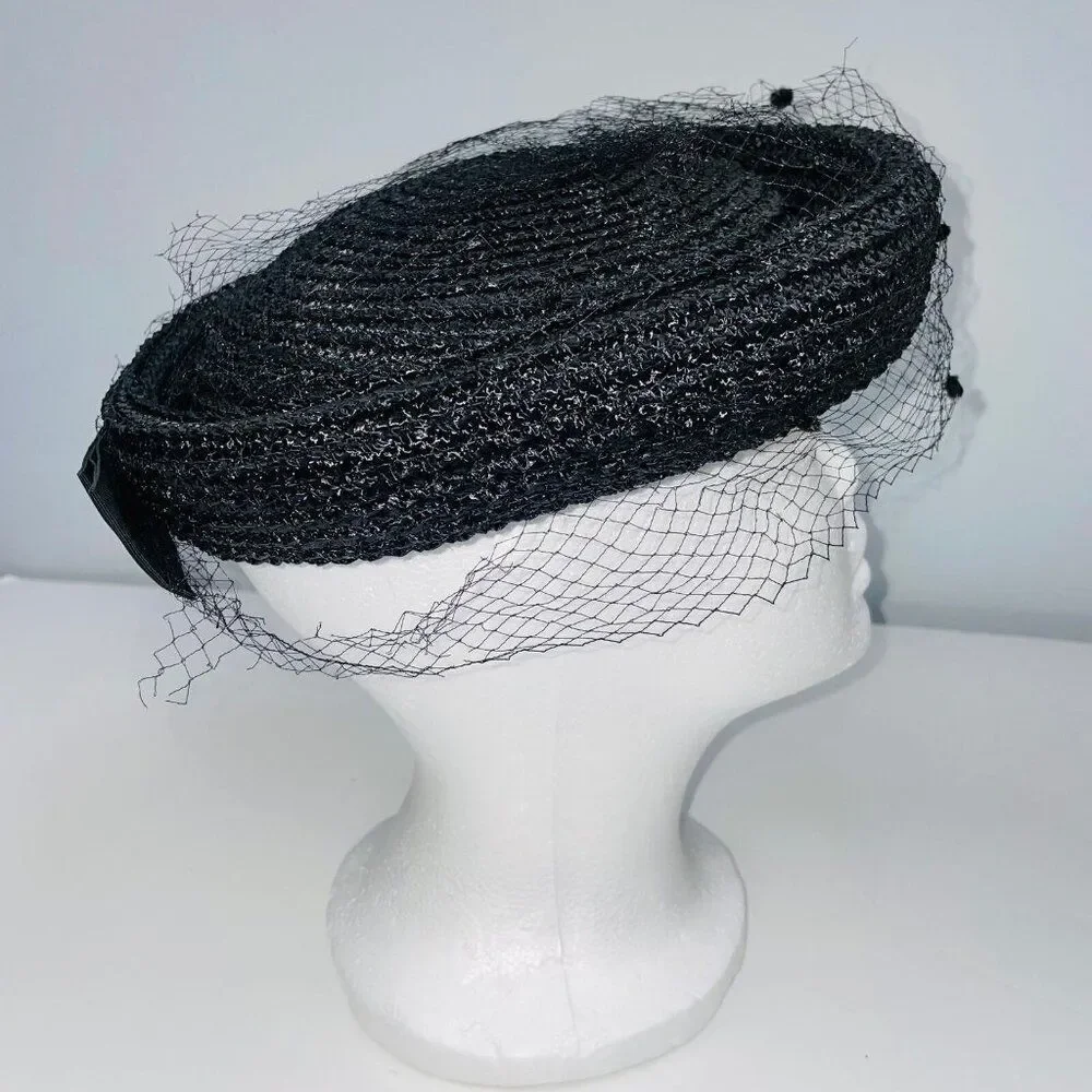 Vintage Womens Hat Black Pillbox Church Netting Bow Wedding Costume Theatre